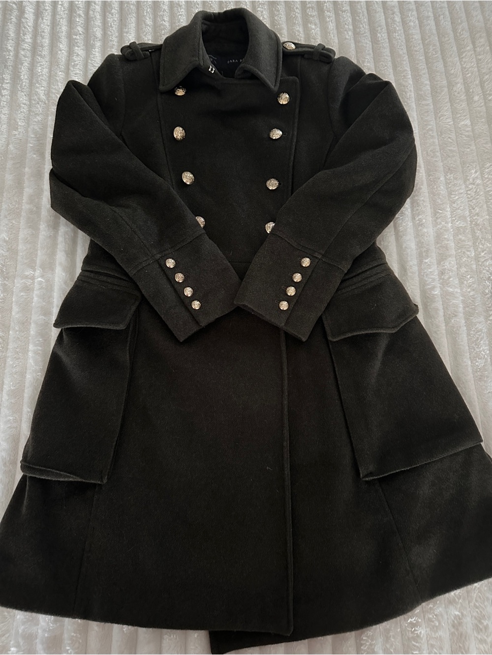 ZARA Double-Breasted Olive Wool Pea Coat - Picture 4 of 12